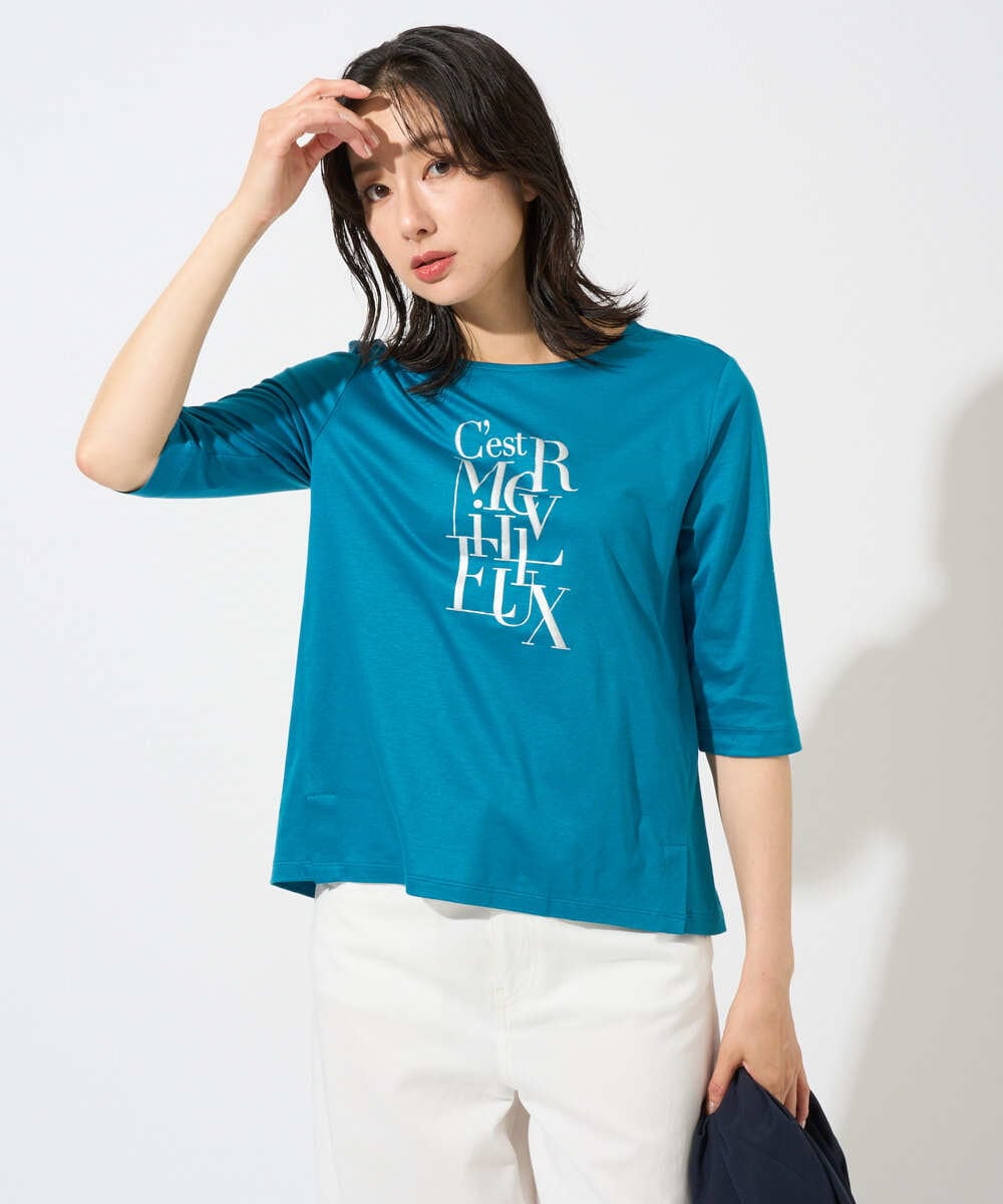 PZKGD16180 GEORGES RECH(ジョルジュ・レッシュ) メタリックロゴプリント5分袖カットソー ネイビー