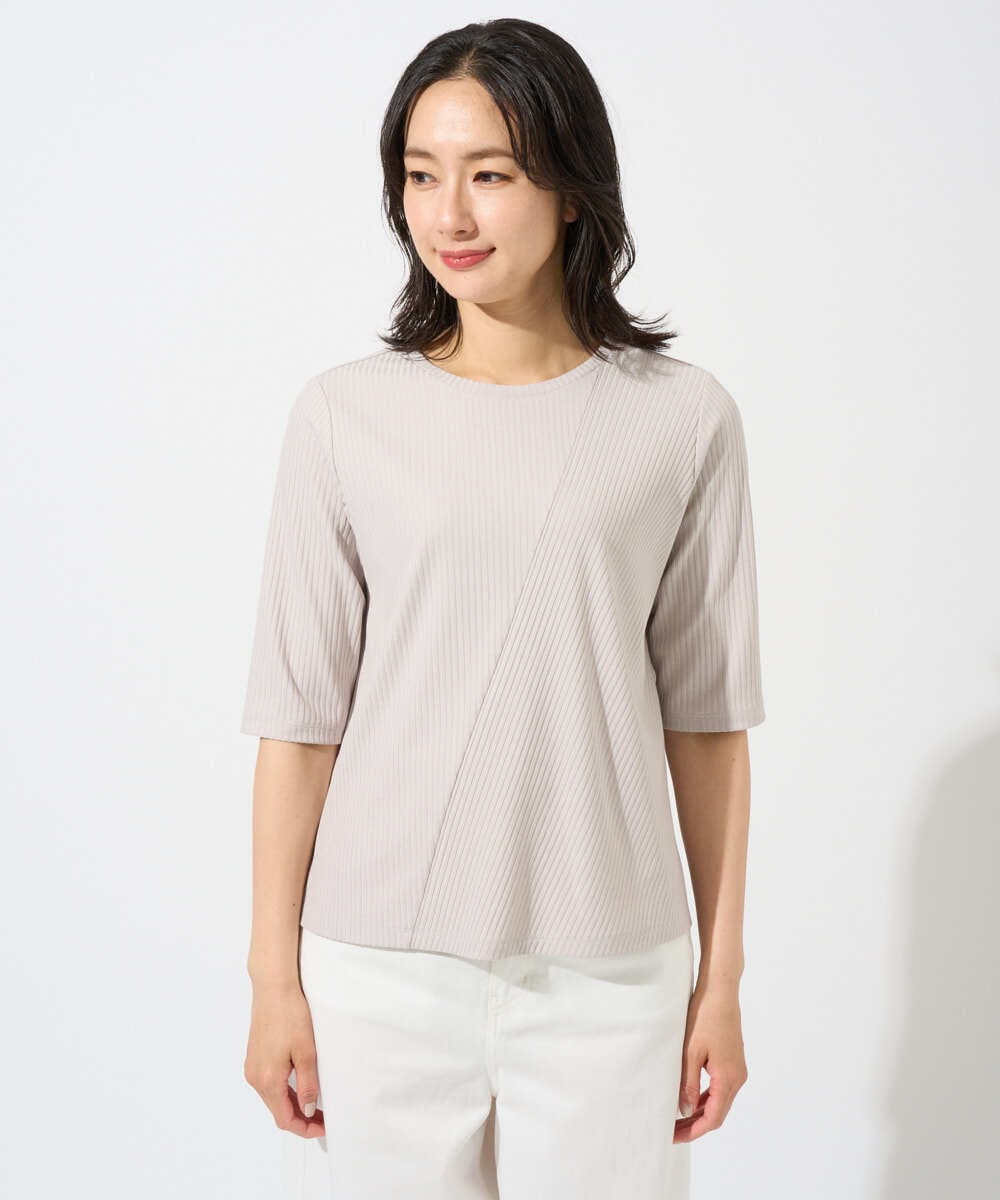 PZKGD17150 GEORGES RECH(ジョルジュ・レッシュ)  [日本製]バイヤスストレッチリブ5分袖カットソー ライトグレー