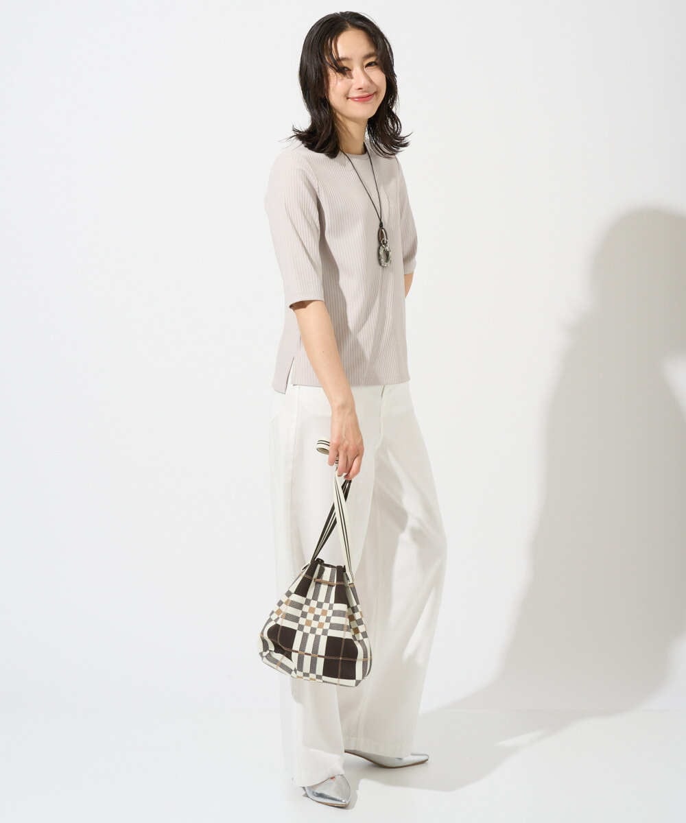 PZKGD17150 GEORGES RECH(ジョルジュ・レッシュ)  [日本製]バイヤスストレッチリブ5分袖カットソー ライトグレー