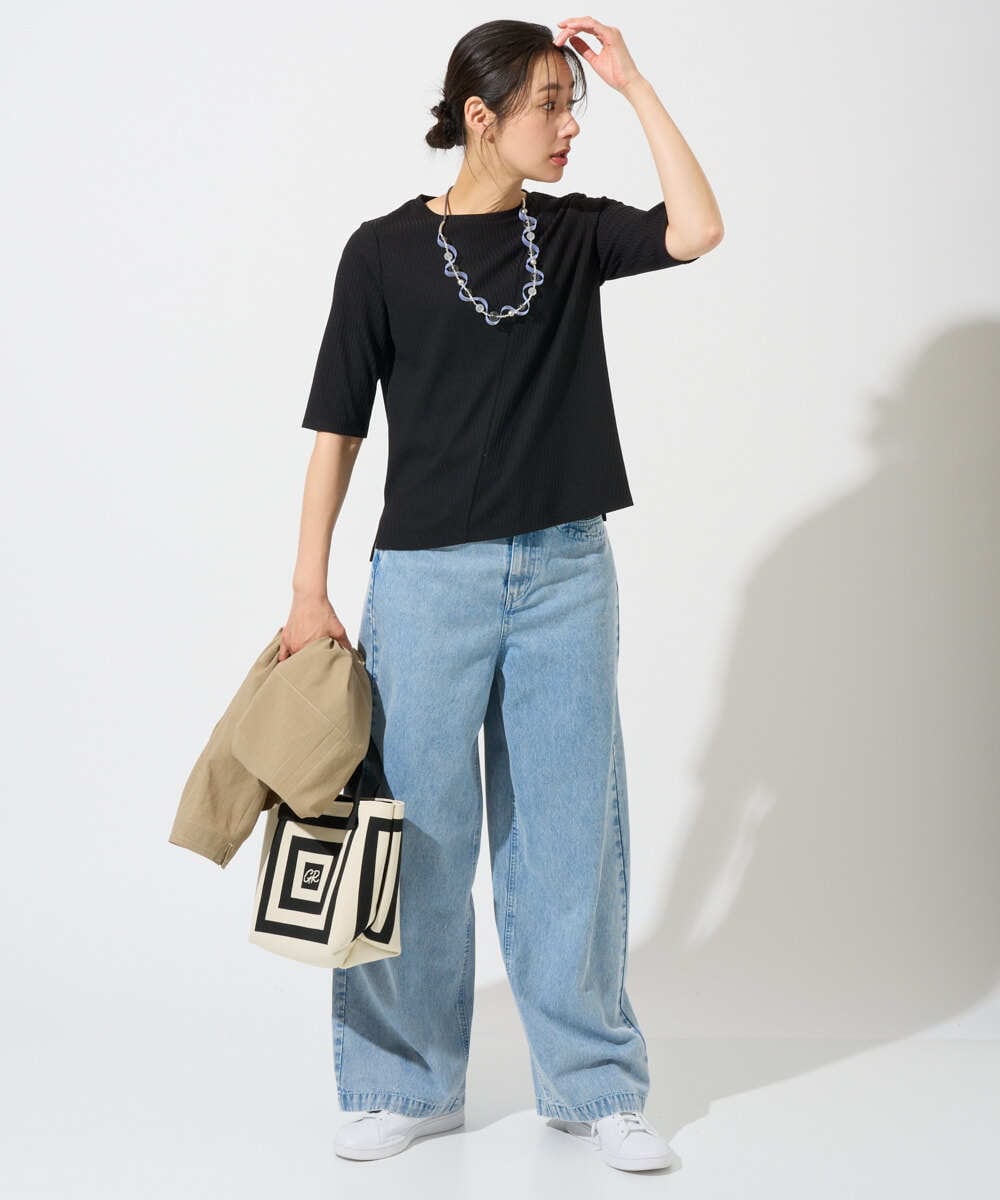 PZKGD17150 GEORGES RECH(ジョルジュ・レッシュ)  [日本製]バイヤスストレッチリブ5分袖カットソー ライトグレー