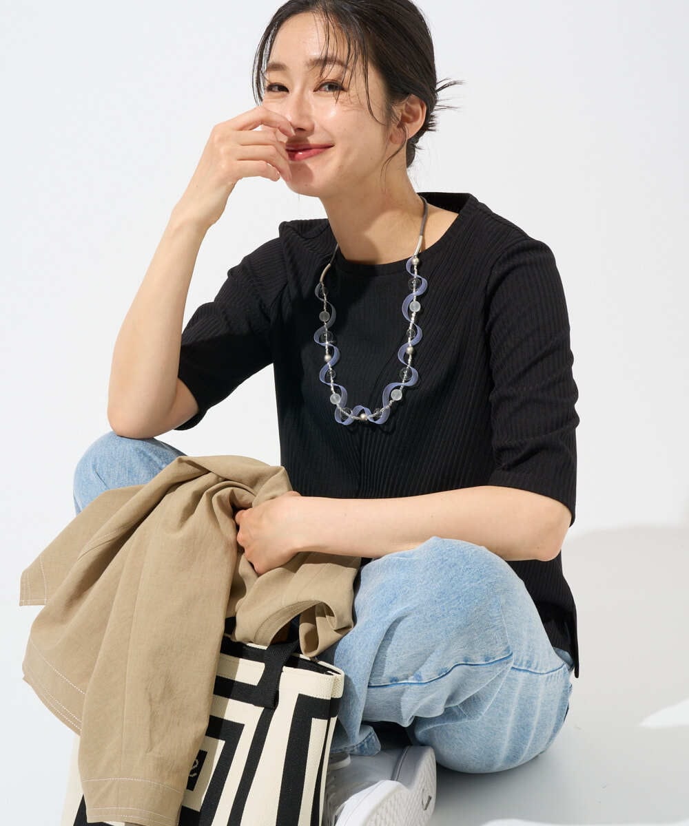 PZKGD17150 GEORGES RECH(ジョルジュ・レッシュ)  [日本製]バイヤスストレッチリブ5分袖カットソー ライトグレー