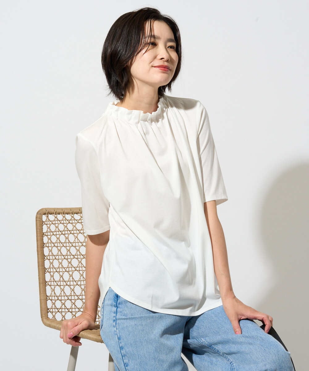 PZKGF29180 GEORGES RECH(ジョルジュ・レッシュ) タックフリルボトルネック5分袖カットソー ホワイト