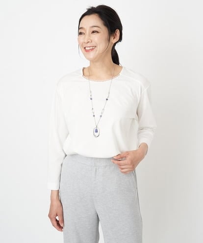 PZKGS08190  8分袖ラウンドヘム刺繍カットソー