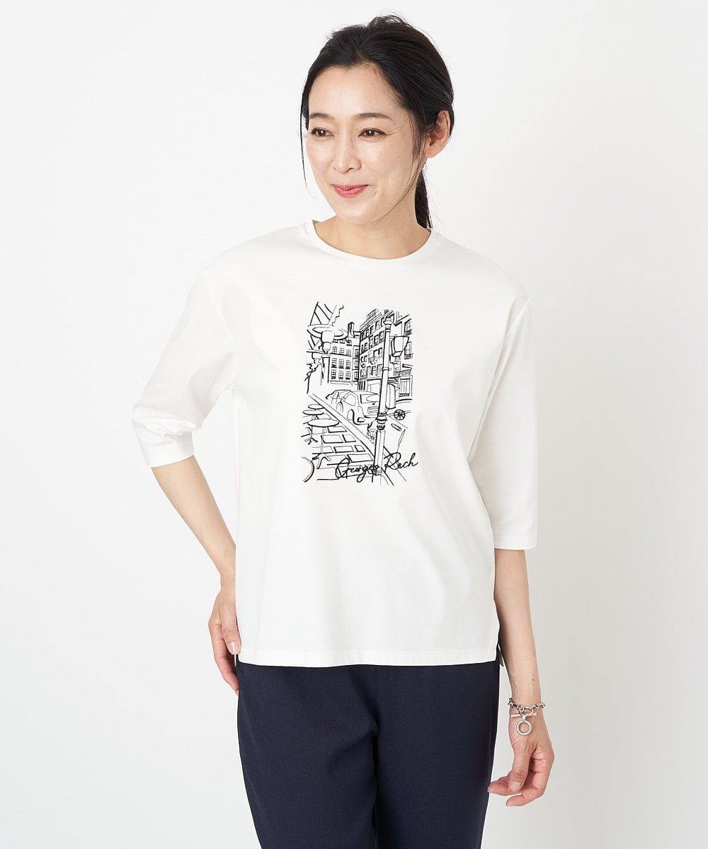 PZKGS16150 GEORGES RECH(ジョルジュ・レッシュ) [接触冷感]PARIS刺繍7分袖カットソー ホワイト