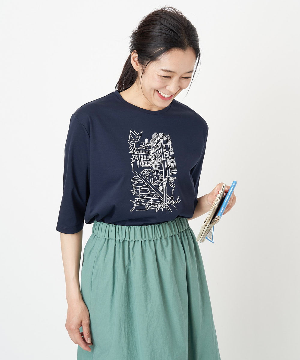 PZKGS16150 GEORGES RECH(ジョルジュ・レッシュ) [接触冷感]PARIS刺繍7分袖カットソー ホワイト