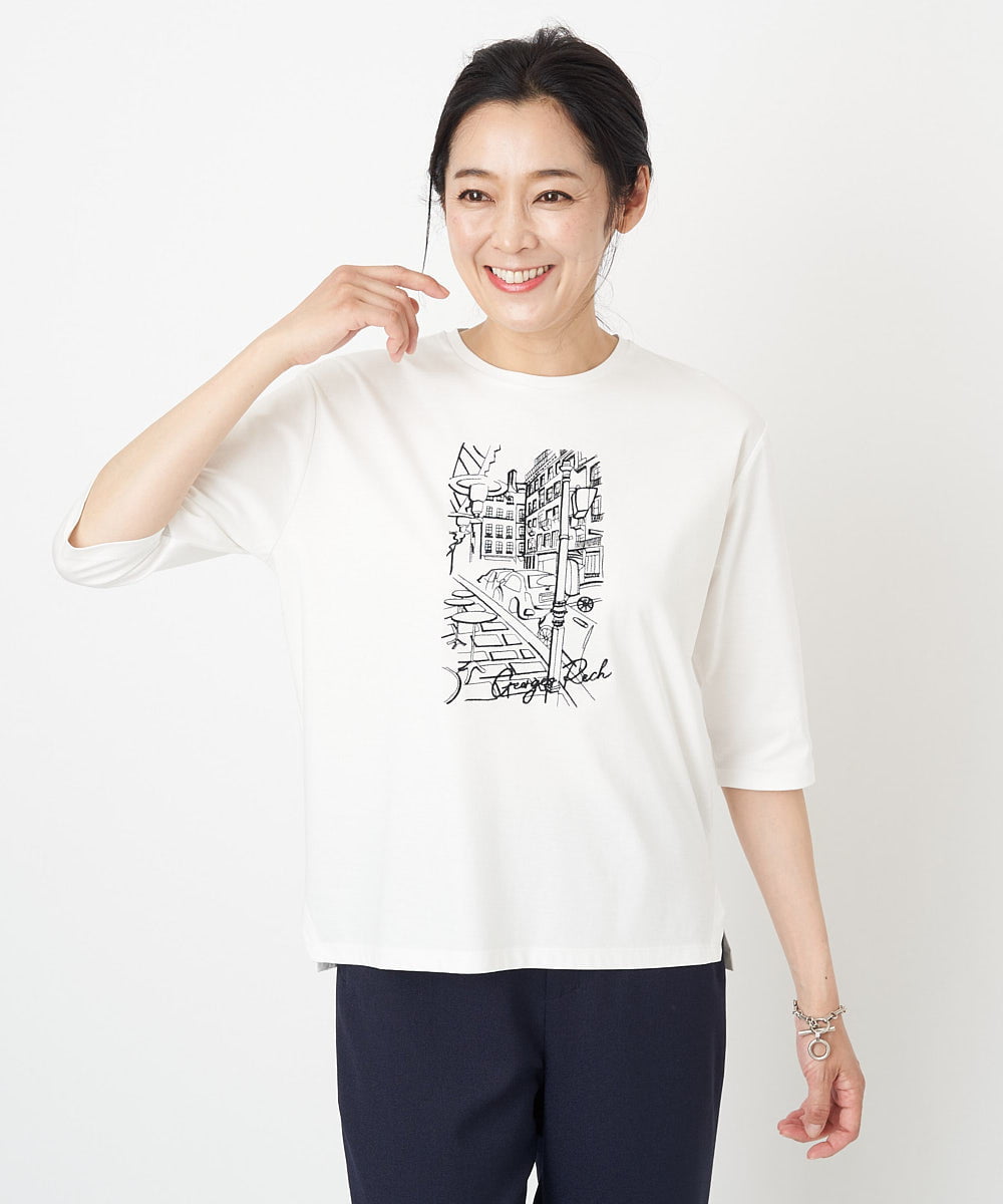 PZKGS16150 GEORGES RECH(ジョルジュ・レッシュ) [接触冷感]PARIS刺繍7分袖カットソー ホワイト