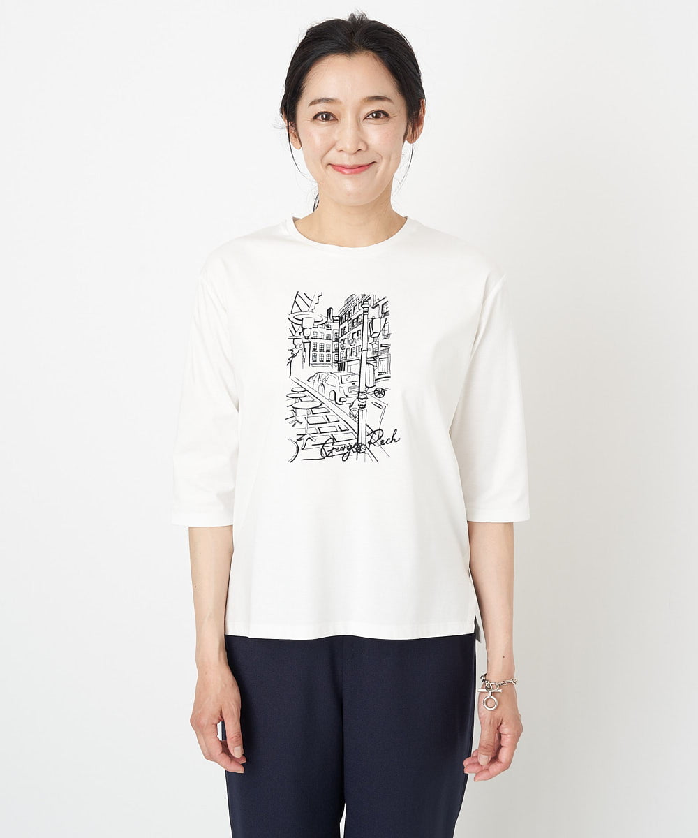 PZKGS16150 GEORGES RECH(ジョルジュ・レッシュ) [接触冷感]PARIS刺繍7分袖カットソー ホワイト