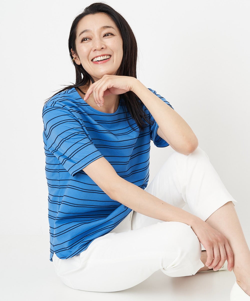日本製]ドットボーダーラウンドヘムカットソー(カットソー・Tシャツ
