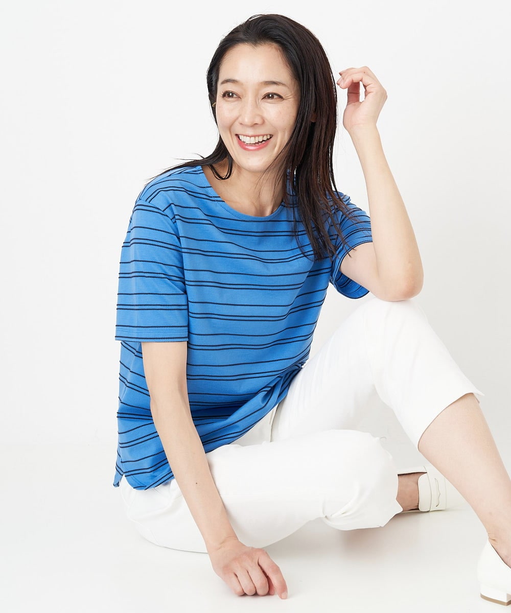 日本製]ドットボーダーラウンドヘムカットソー(カットソー・Tシャツ