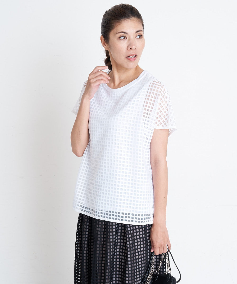 PZKGS32230 GEORGES RECH(ジョルジュ・レッシュ)  [セットアップ対応]シアーチェックチュールジャージーカットソー ブラック