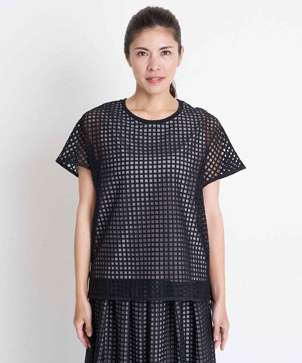 PZKGS32230 GEORGES RECH(ジョルジュ・レッシュ)  [セットアップ対応]シアーチェックチュールジャージーカットソー ブラック
