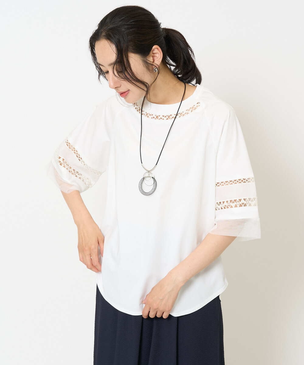 PZKHA58250 GEORGES RECH(ジョルジュ・レッシュ) チュールエンブロイダリー6分袖カットソー ブラック