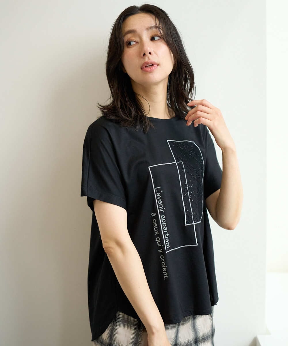 PZKHE68170 GEORGES RECH(ジョルジュ・レッシュ) シアーチェックスパンコールプリントカットソー ブラック