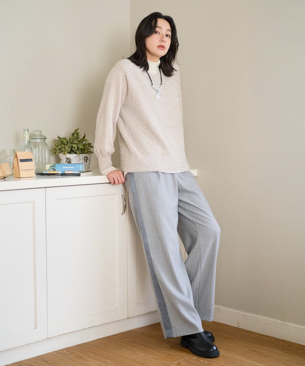 PZLAD32290 GEORGES RECH(ジョルジュ・レッシュ) [日本製]サイドラインウールストライプワイドパンツ ライトグレー