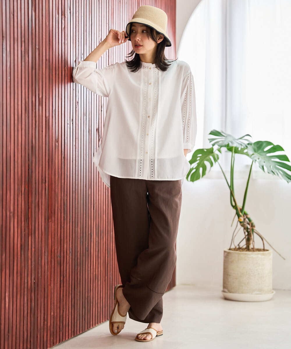 PZLGD31290 GEORGES RECH(ジョルジュ・レッシュ)  [セットアップ対応]フレンチリネンハシゴレースワイドパンツ ブラウン