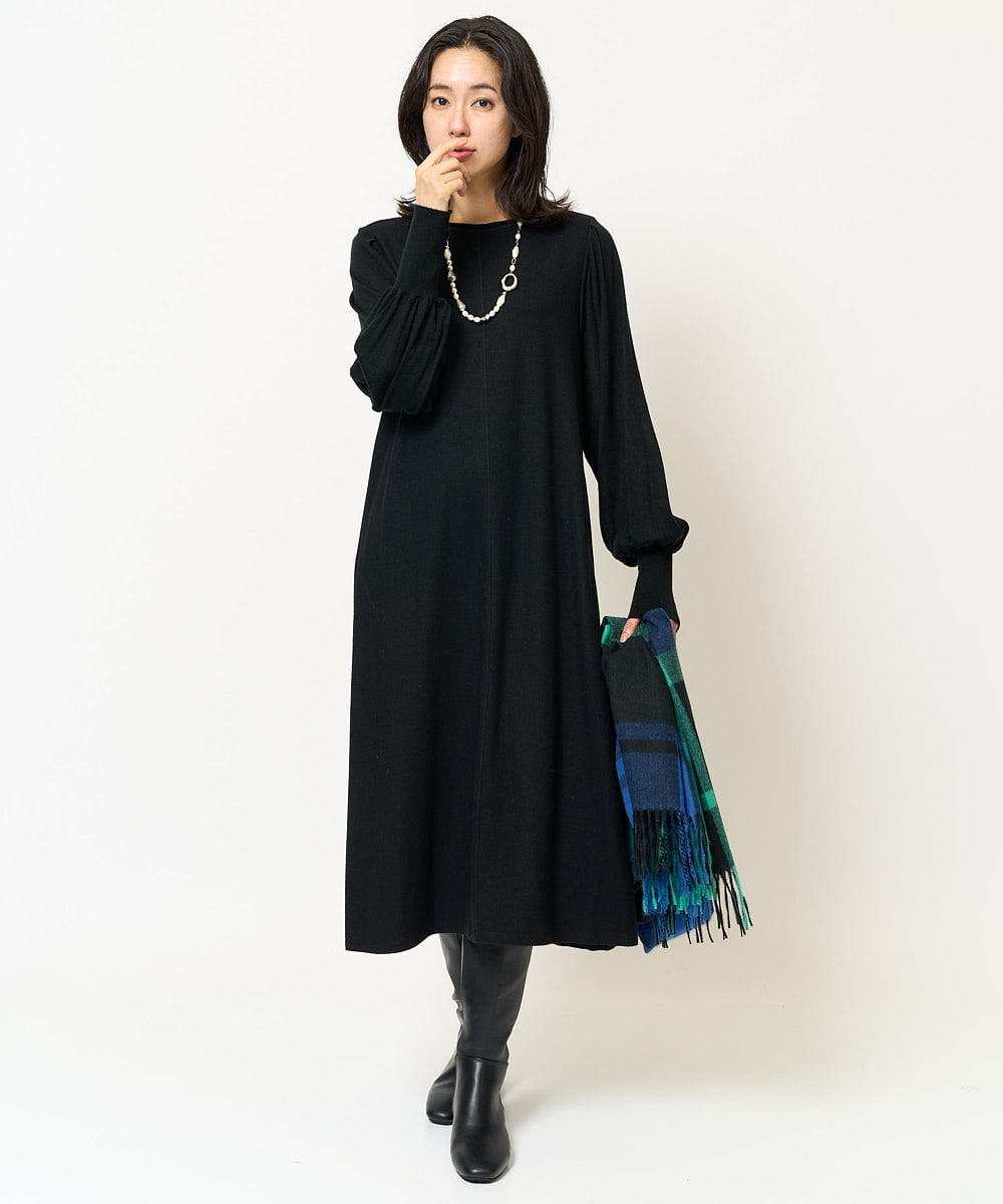 PZPAB03390 GEORGES RECH(ジョルジュ・レッシュ) ウールスムースジャージーボリュームスリーブワンピース ブラック