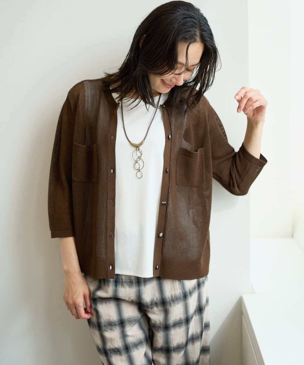 PZSHE64290 GEORGES RECH(ジョルジュ・レッシュ) メッシュクルーネックカーディガン ブラウン
