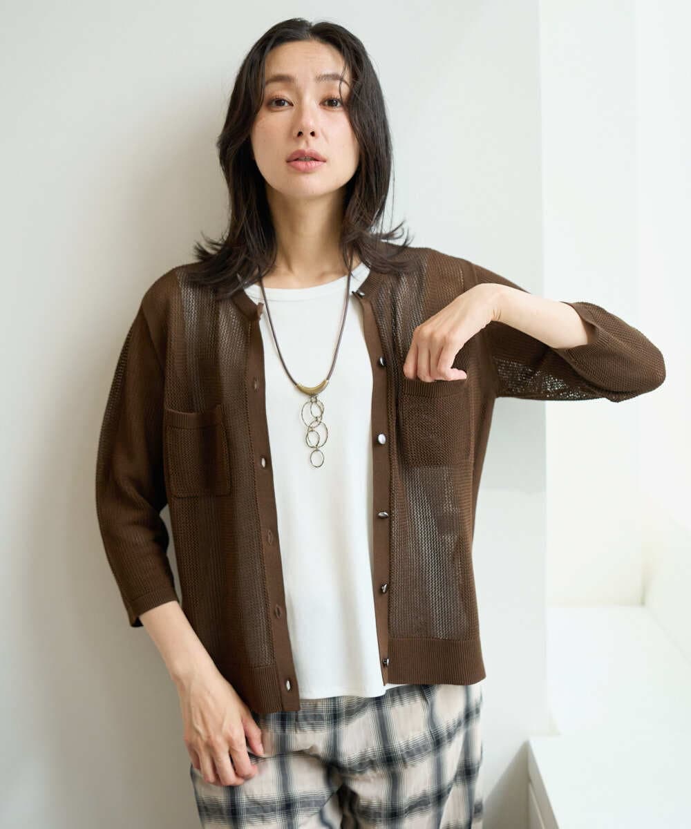 PZSHE64290 GEORGES RECH(ジョルジュ・レッシュ) メッシュクルーネックカーディガン ブラウン