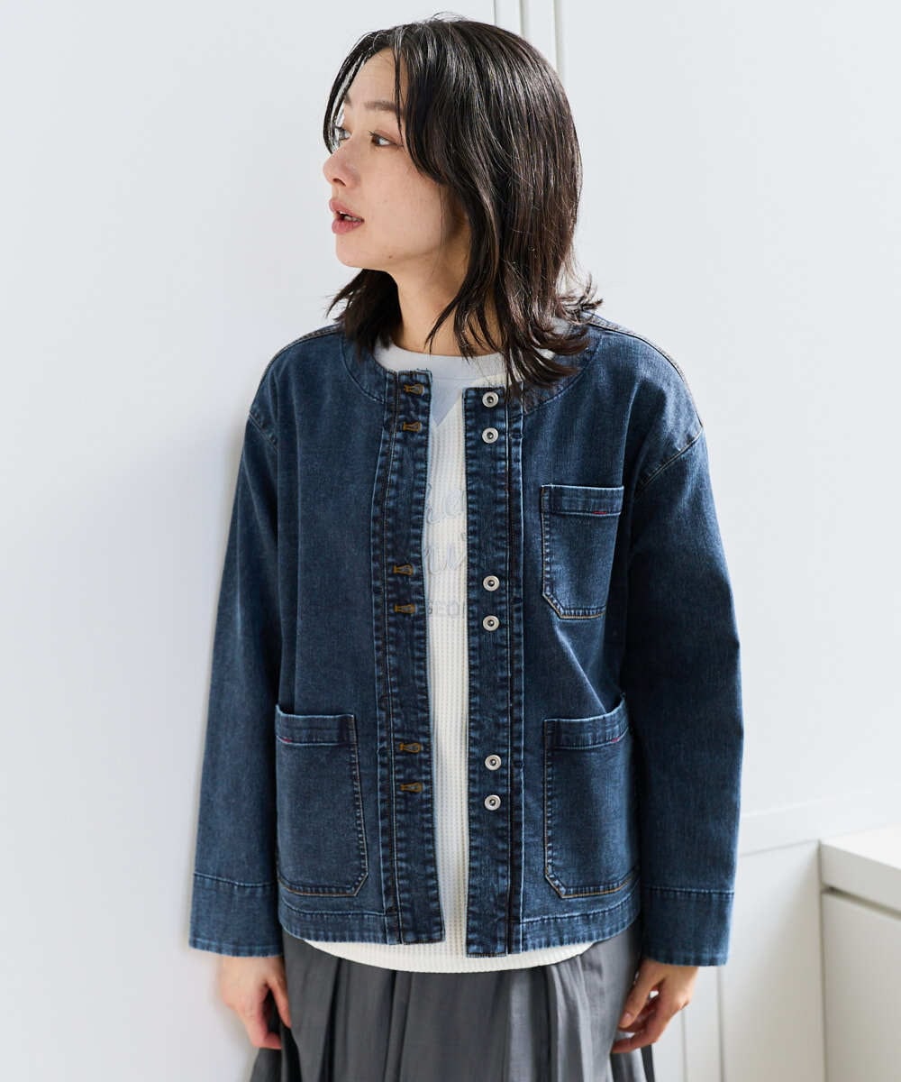 PZTEE01360 GEORGES RECH(ジョルジュ・レッシュ)  [セットアップ対応]ノーカラージャージーデニムジャケット ブルー