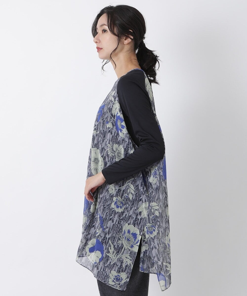 R6BAS30360 HIROKO BIS(小さいサイズ)(メゾン ドゥ サンク) 【小さいサイズ/洗える】シフォン切り替えチュニック ブルー