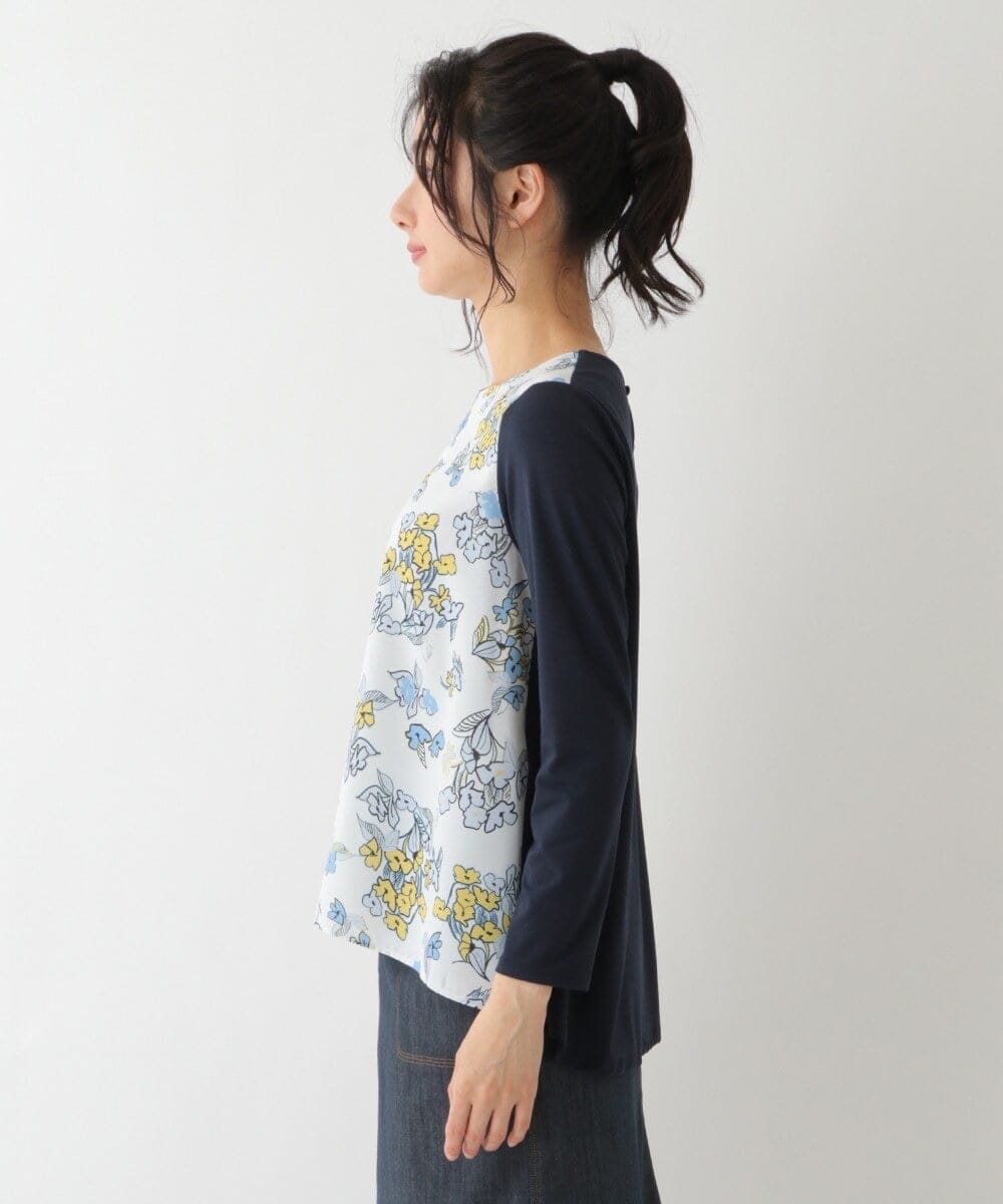 R6BDS27270 HIROKO BIS(小さいサイズ)(メゾン ドゥ サンク) 【小さいサイズ/洗える】フロントタック花束柄プリントブラウス ライトブルー