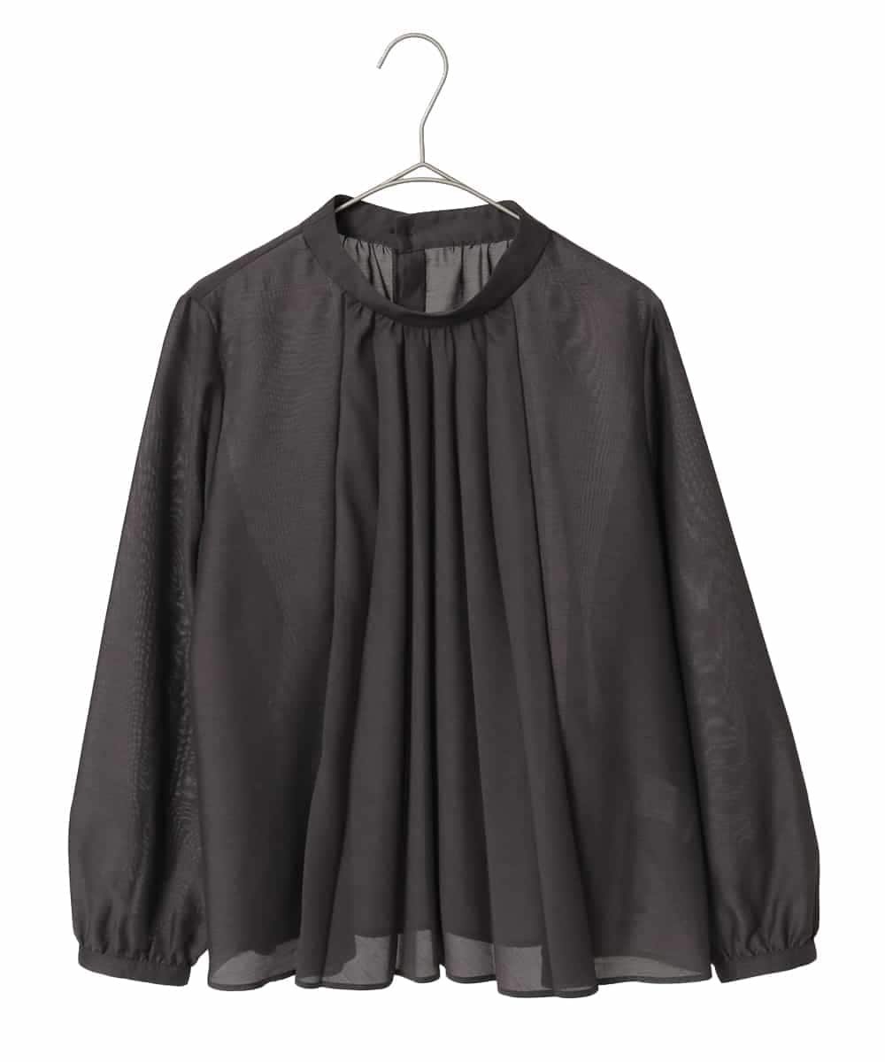 R6BED50260 HIROKO BIS(小さいサイズ)(メゾン ドゥ サンク) 【小さいサイズ】スタンドカラーかまぼこプリーツブラウス ダークグレー