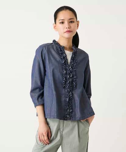 R6BFD40230 HIROKO BIS(小さいサイズ) 【小さいサイズ】フリルアクセントダンガリーブラウス