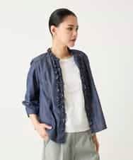 R6BFD40230 HIROKO BIS(小さいサイズ)(メゾン ドゥ サンク) 【小さいサイズ】フリルアクセントダンガリーブラウス ネイビー