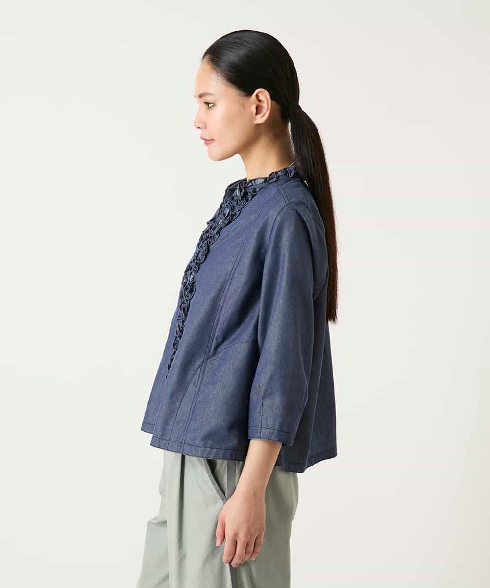 R6BFD40230 HIROKO BIS(小さいサイズ)(メゾン ドゥ サンク) 【小さいサイズ】フリルアクセントダンガリーブラウス ネイビー