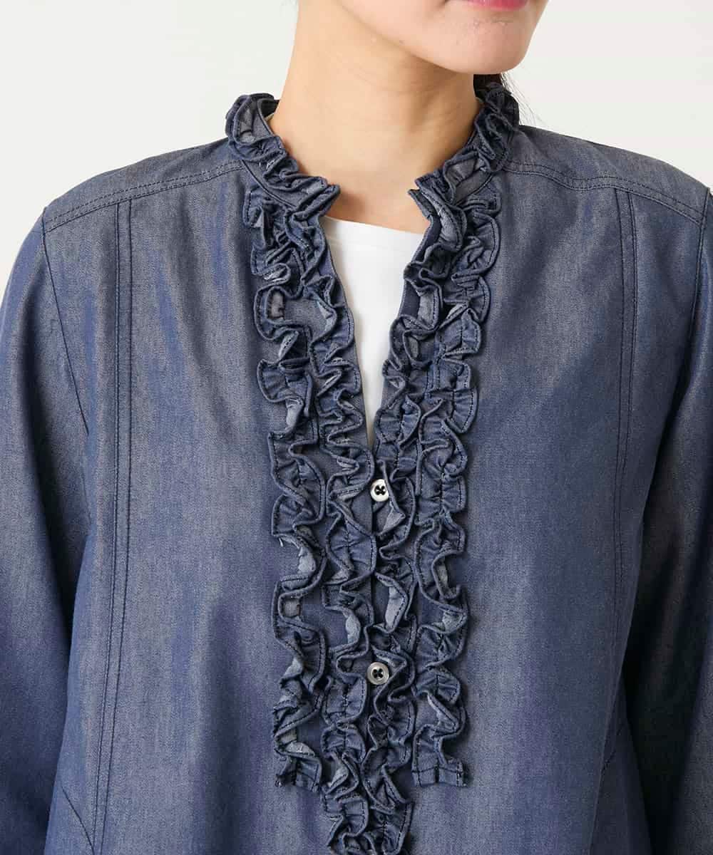 R6BFD40230 HIROKO BIS(小さいサイズ)(メゾン ドゥ サンク) 【小さいサイズ】フリルアクセントダンガリーブラウス ネイビー