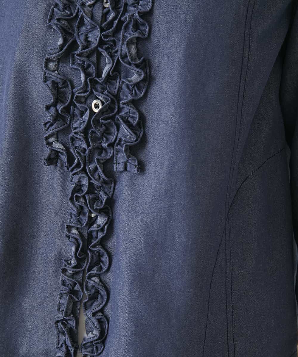 R6BFD40230 HIROKO BIS(小さいサイズ)(メゾン ドゥ サンク) 【小さいサイズ】フリルアクセントダンガリーブラウス ネイビー