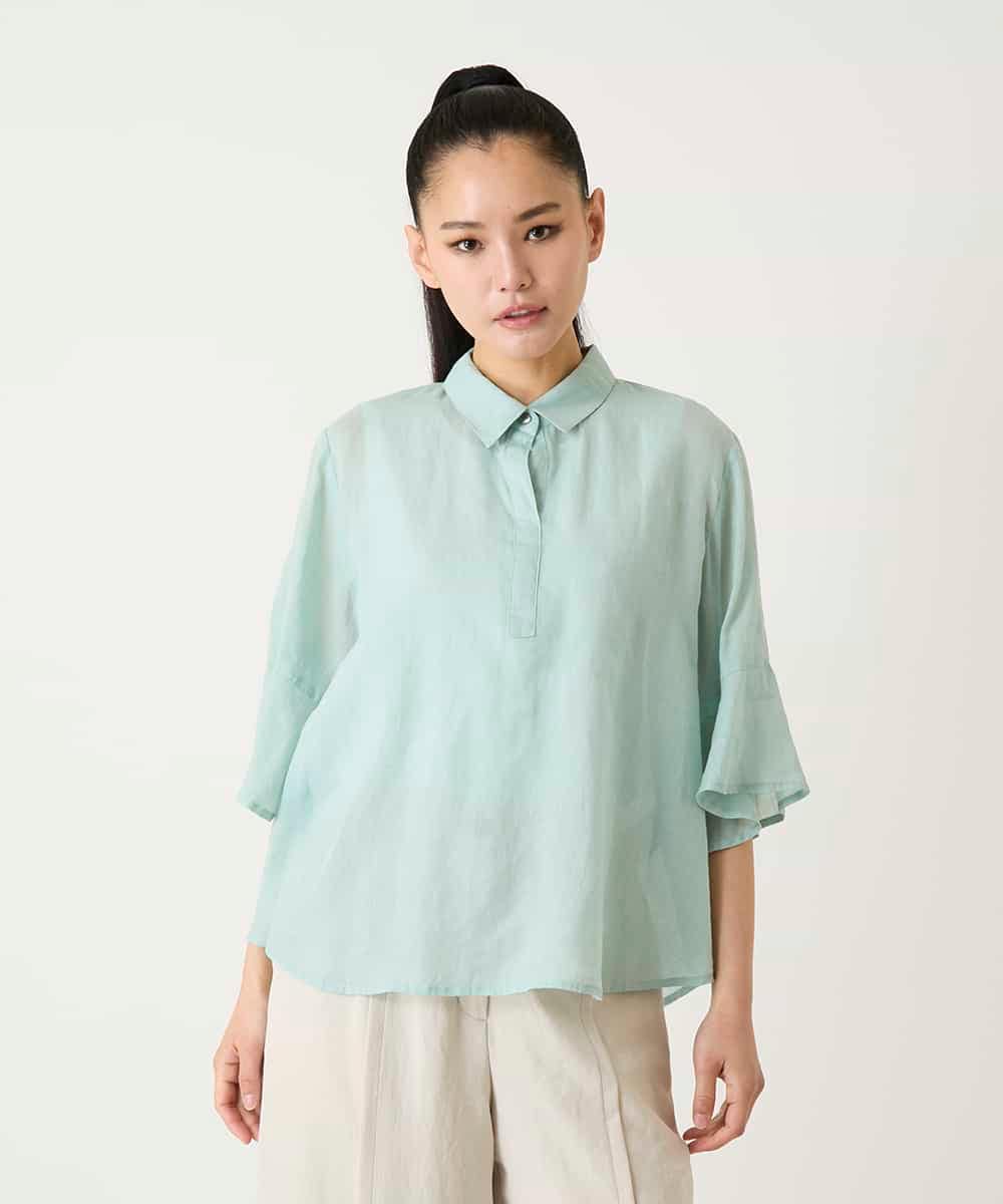 R6BFD45180 HIROKO BIS(小さいサイズ)(メゾン ドゥ サンク) 【小さいサイズ】フレアスリーブ麻ブラウス グリーン