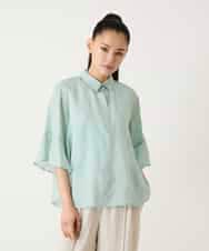 R6BFD45180 HIROKO BIS(小さいサイズ)(メゾン ドゥ サンク) 【小さいサイズ】フレアスリーブ麻ブラウス グリーン