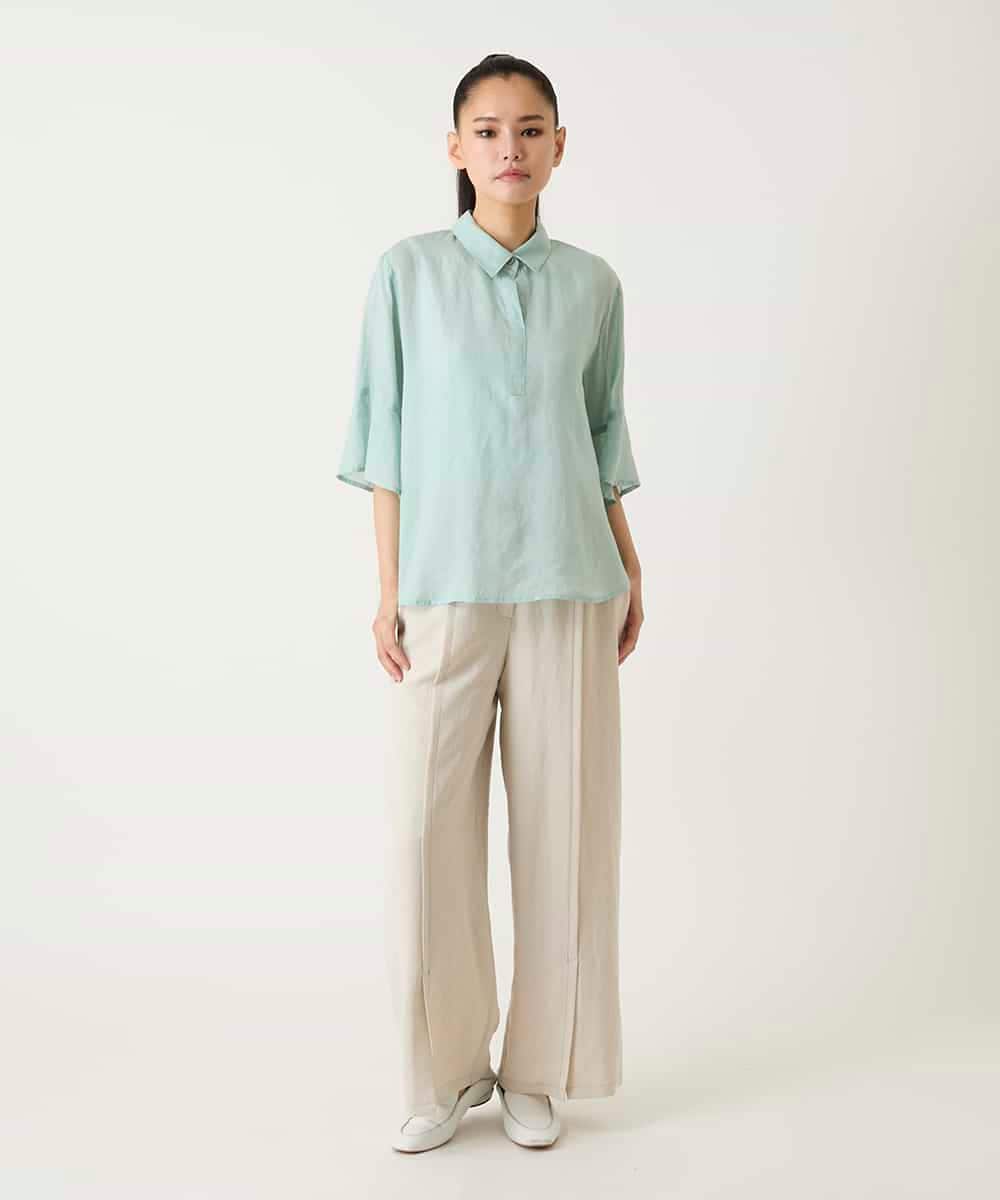 R6BFD45180 HIROKO BIS(小さいサイズ)(メゾン ドゥ サンク) 【小さいサイズ】フレアスリーブ麻ブラウス グリーン