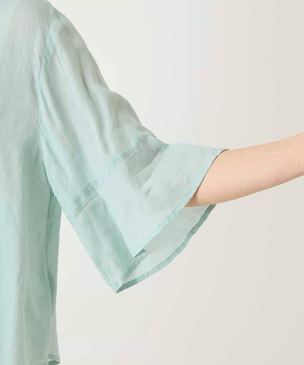 R6BFD45180 HIROKO BIS(小さいサイズ)(メゾン ドゥ サンク) 【小さいサイズ】フレアスリーブ麻ブラウス グリーン