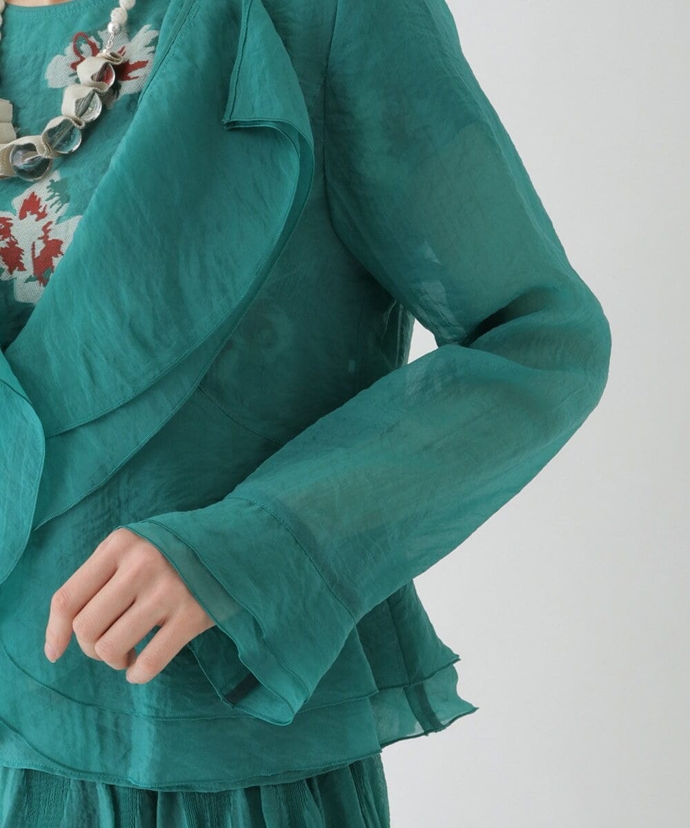 R6BFT30330 HIROKO BIS(小さいサイズ)(メゾン ドゥ サンク) 【小さいサイズ/洗える】シアーラッフルブラウスジャケット グリーン