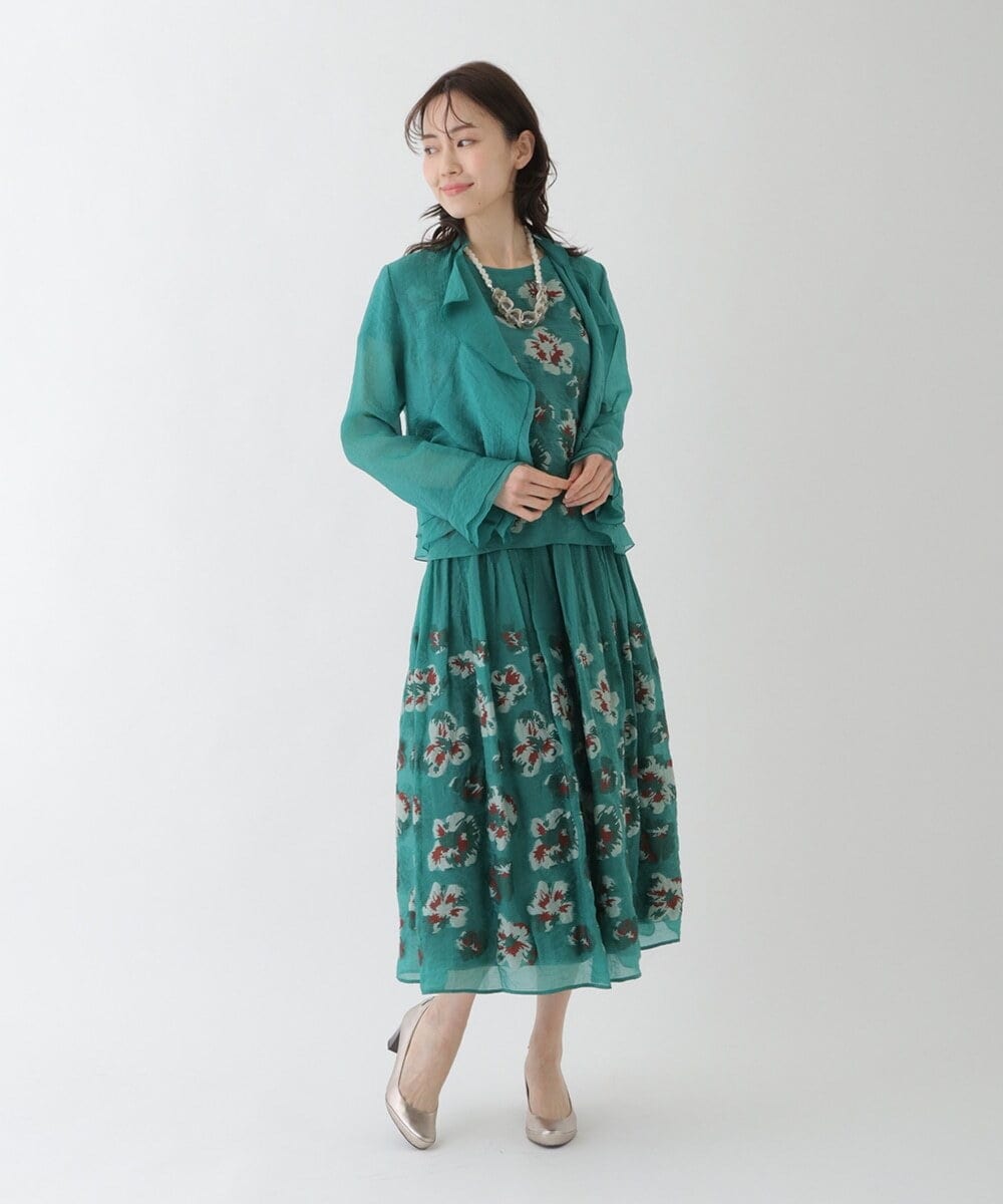 R6BFT30330 HIROKO BIS(小さいサイズ)(メゾン ドゥ サンク) 【小さいサイズ/洗える】シアーラッフルブラウスジャケット グリーン