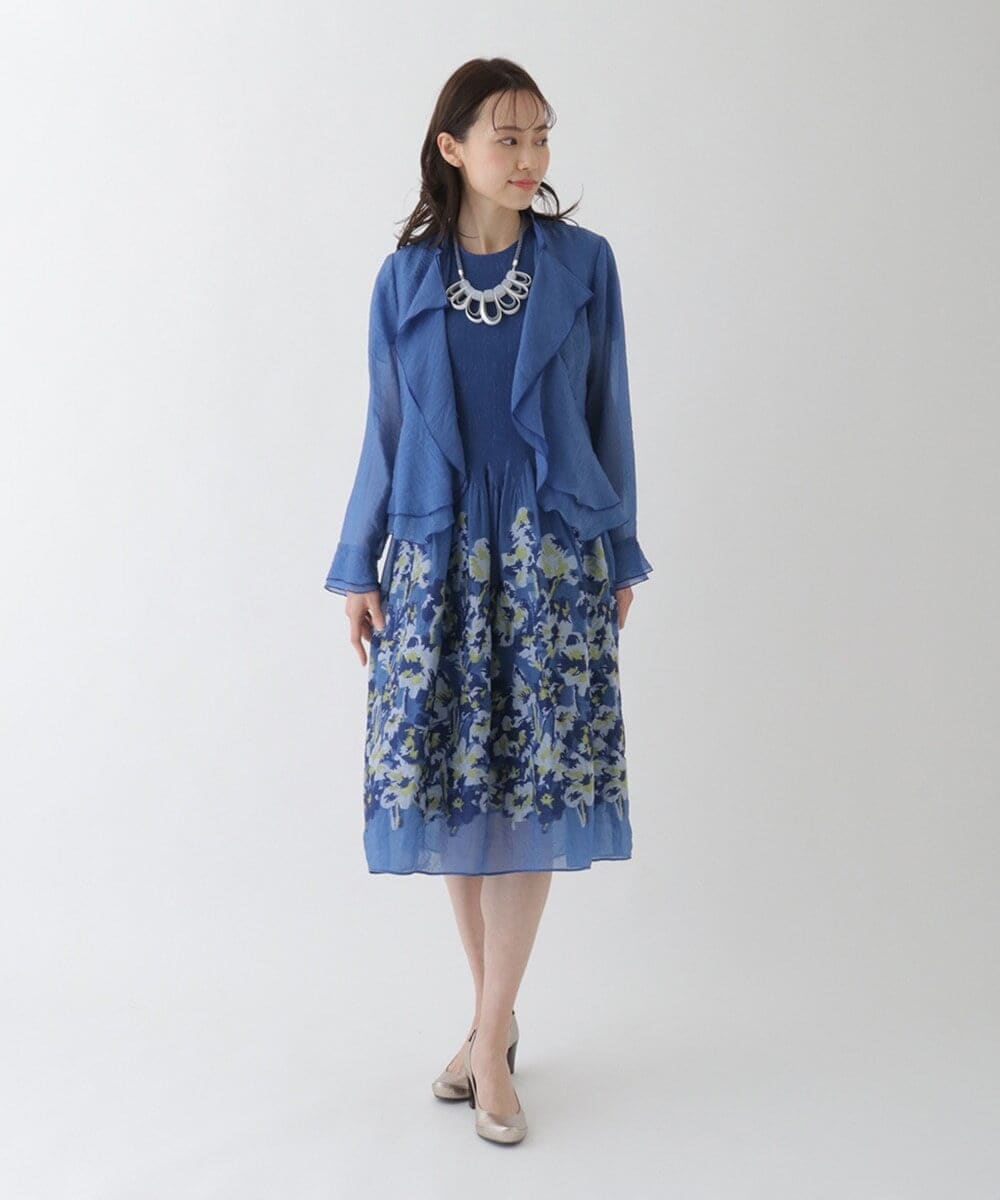 R6BFT30330 HIROKO BIS(小さいサイズ)(メゾン ドゥ サンク) 【小さいサイズ/洗える】シアーラッフルブラウスジャケット グリーン