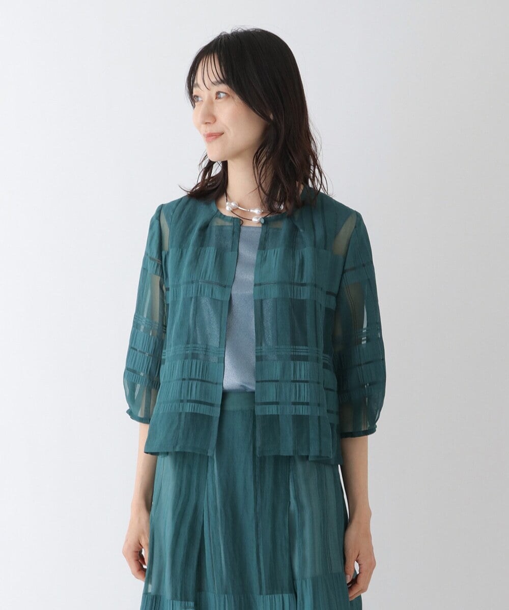 R6BGT11330 HIROKO BIS(小さいサイズ)(メゾン ドゥ サンク) 【小さいサイズ/セットアップ対応】チェックジャカードシアージャケット グリーン