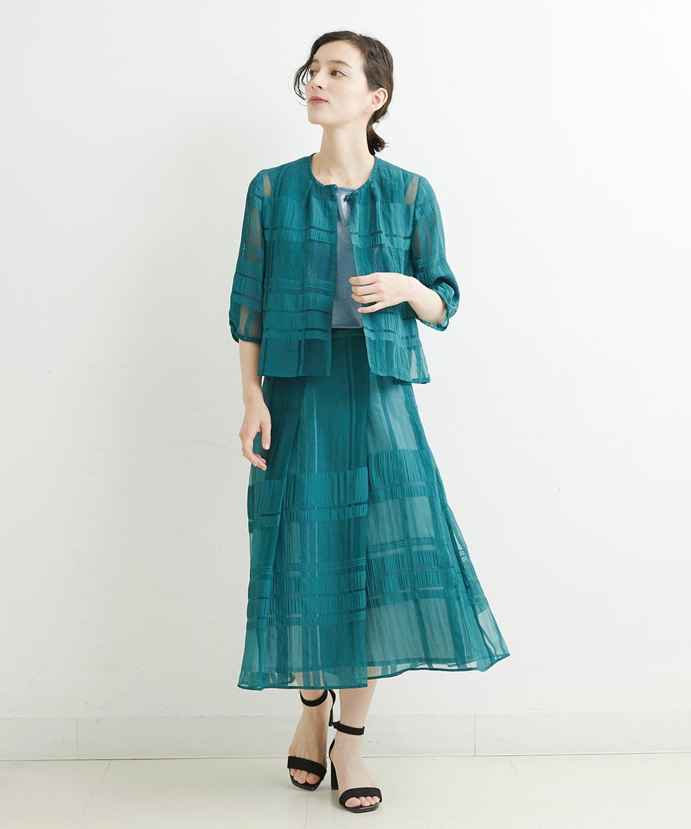 R6BGT11330 HIROKO BIS(小さいサイズ)(メゾン ドゥ サンク) 【小さいサイズ/セットアップ対応】チェックジャカードシアージャケット グリーン