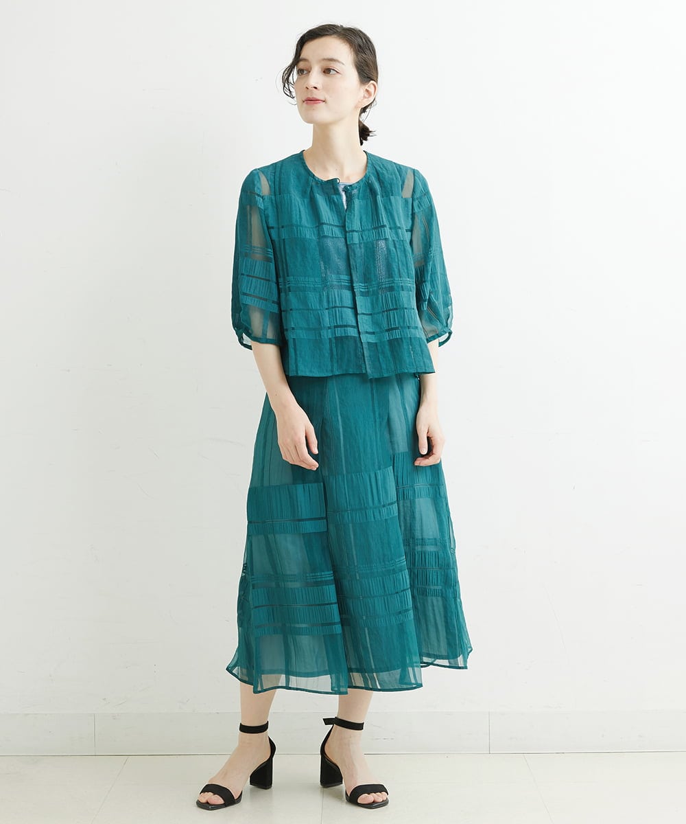 R6BGT11330 HIROKO BIS(小さいサイズ)(メゾン ドゥ サンク) 【小さいサイズ/セットアップ対応】チェックジャカードシアージャケット グリーン