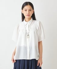 R6BGW15230 HIROKO BIS(小さいサイズ)(メゾン ドゥ サンク) 【小さいサイズ】ピンタックボーダーデザインブラウス ブルー