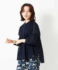 R6BHE30260 HIROKO BIS(小さいサイズ)(メゾン ドゥ サンク) 【小さいサイズ】幾何デザインオーバーシルエットブラウス /洗える ネイビー