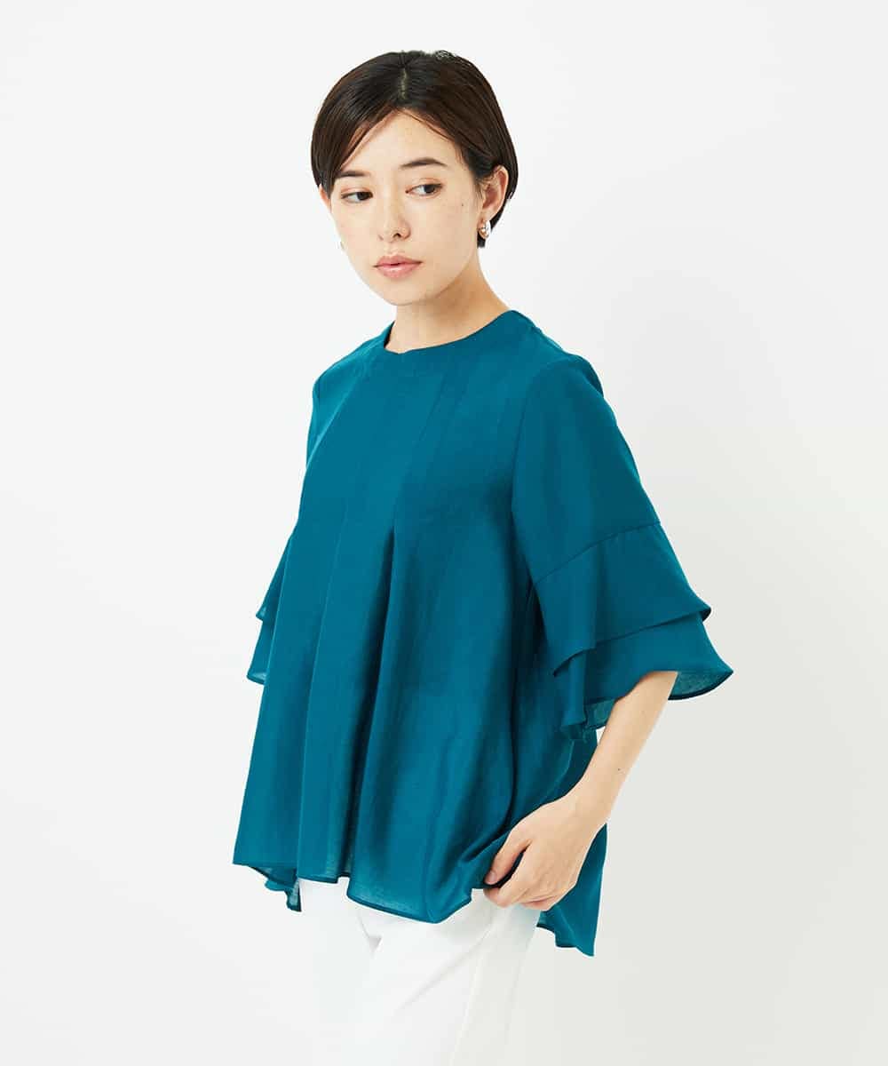 R6BIB30230 HIROKO BIS(小さいサイズ)(メゾン ドゥ サンク) 【小さいサイズ/洗濯機で洗える】タックフレアエアリーブラウス グリーン