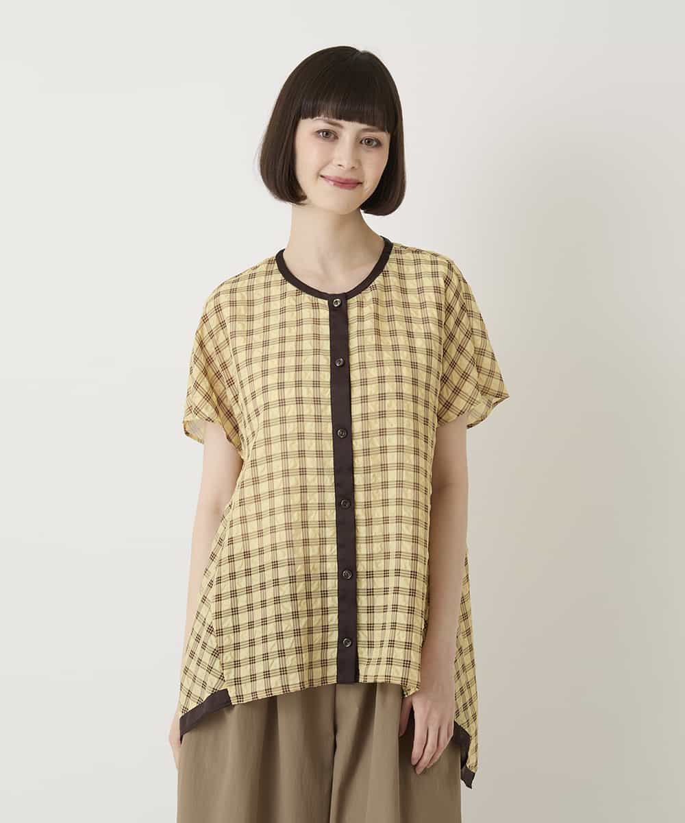 R6BIE10240 HIROKO BIS(小さいサイズ)(メゾン ドゥ サンク) 【小さいサイズ】サッカーチェックイレギュラーヘムブラウス イエロー