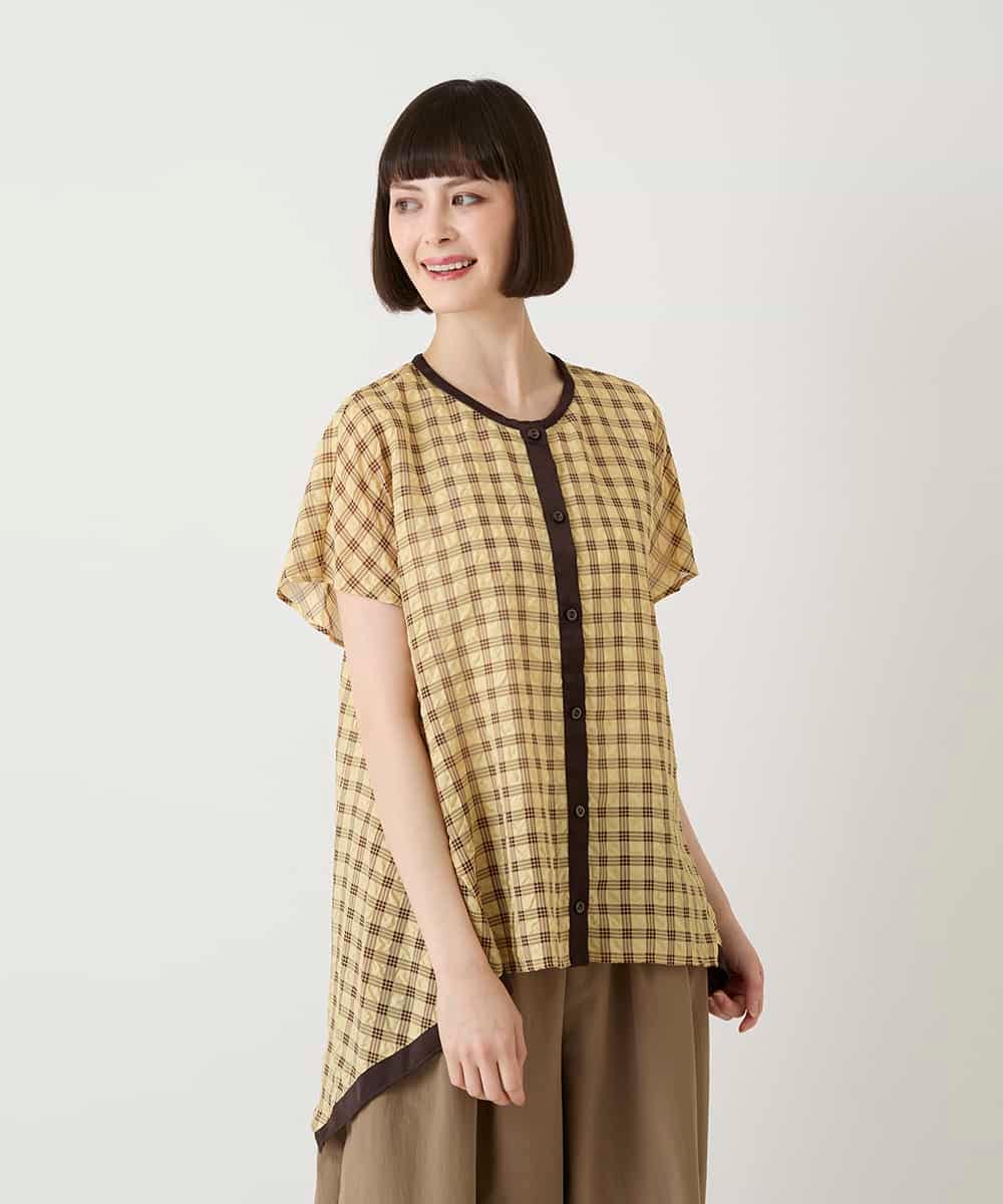 R6BIE10240 HIROKO BIS(小さいサイズ)(メゾン ドゥ サンク) 【小さいサイズ】サッカーチェックイレギュラーヘムブラウス イエロー