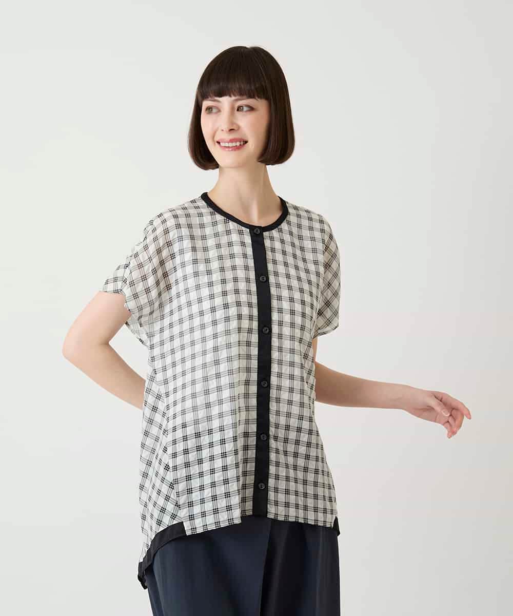 R6BIE10240 HIROKO BIS(小さいサイズ)(メゾン ドゥ サンク) 【小さいサイズ】サッカーチェックイレギュラーヘムブラウス イエロー