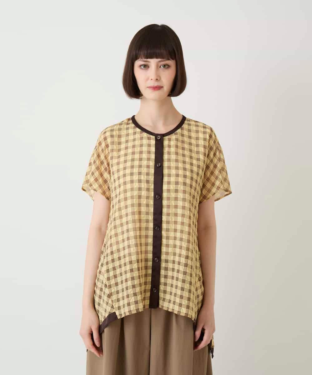 R6BIE10240 HIROKO BIS(小さいサイズ)(メゾン ドゥ サンク) 【小さいサイズ】サッカーチェックイレギュラーヘムブラウス イエロー