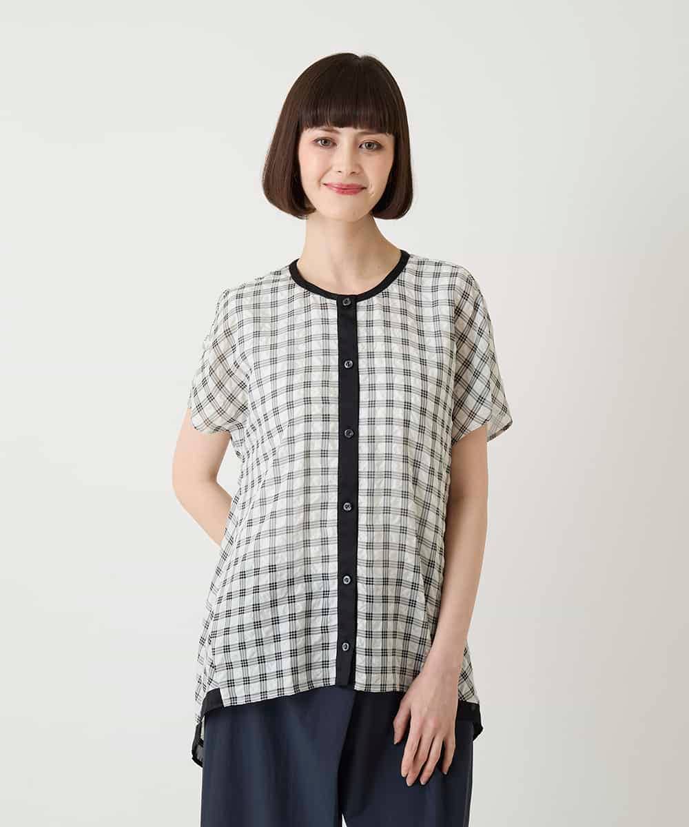 R6BIE10240 HIROKO BIS(小さいサイズ)(メゾン ドゥ サンク) 【小さいサイズ】サッカーチェックイレギュラーヘムブラウス ホワイト