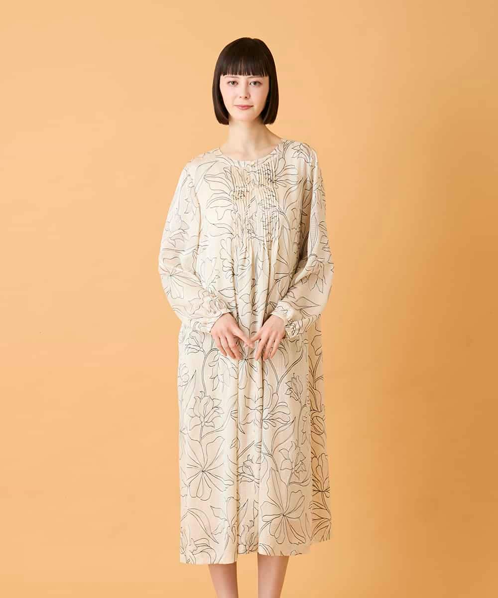 R6EED56490 HIROKO BIS(小さいサイズ)(メゾン ドゥ サンク) 【小さいサイズ】ボタニカルモチーフピンタックドレス アイボリー